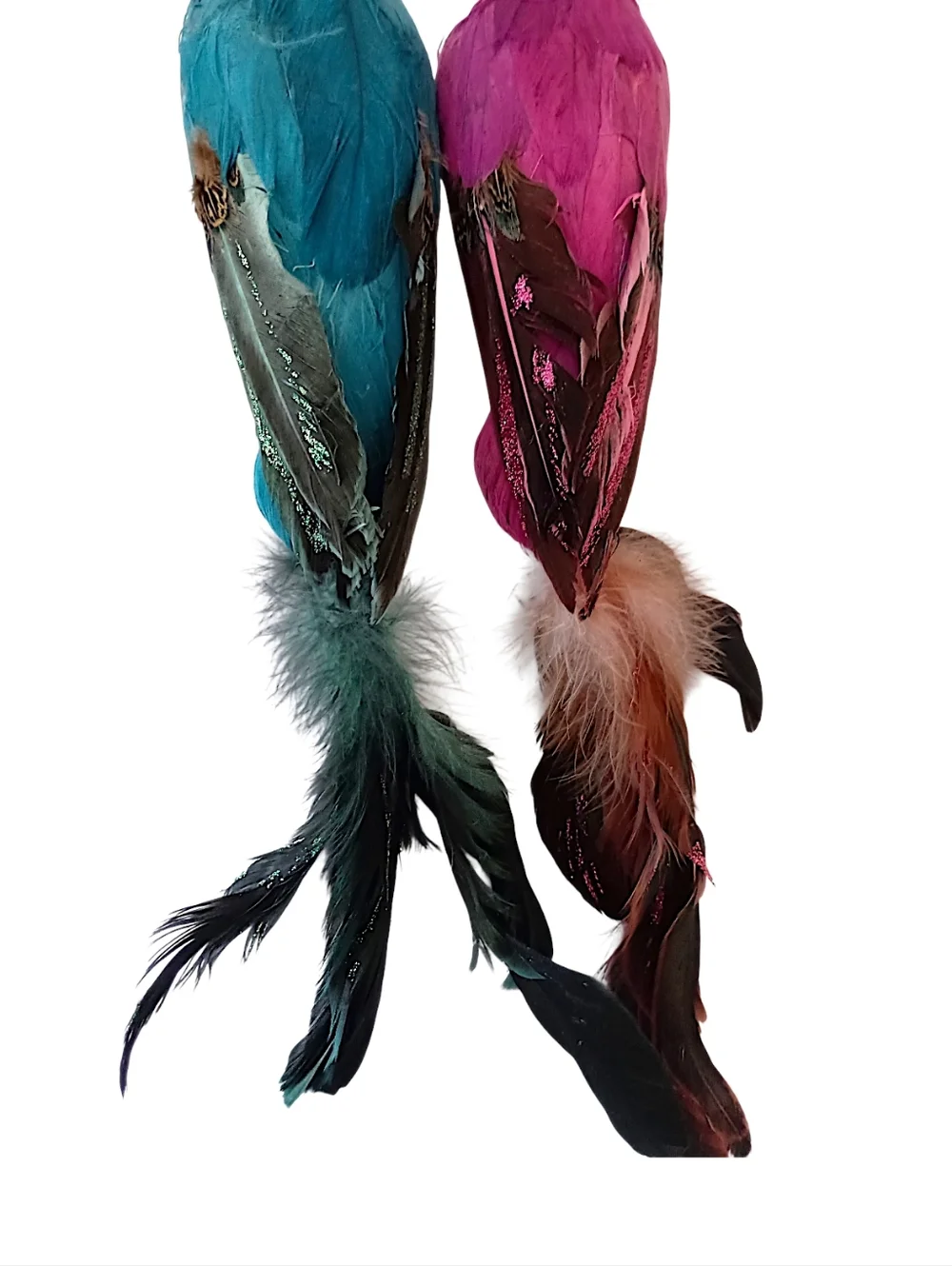 2‎ Vintage Feathered Peacock Bird Ornaments Clip On Large Pink Blue Christmas